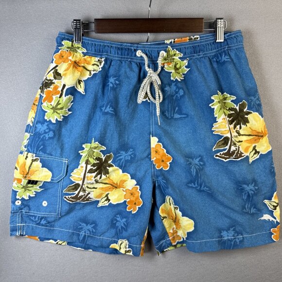 Tommy Bahama Swim Trunks Men's Medium Blue Yellow Tropical Hawaiian Lined Pocket - Picture 1 of 9